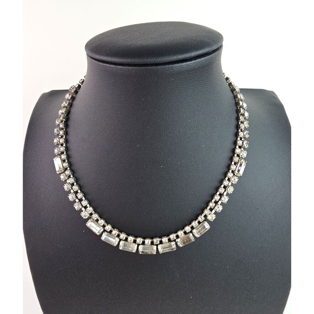 Vintage Glass Rhinestone Necklace Prong Baguette Clear Silver Tone Collar 15 in